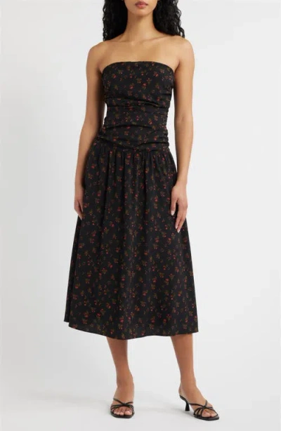 Lulus Molly Floral Print Strapless Midi Dress In Black