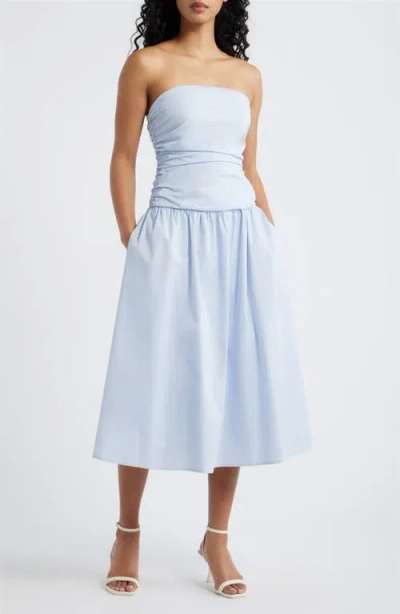 Lulus Molly Ruched Bodice Strapless A-line Midi Dress In Blue