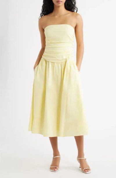Lulus Molly Ruched Bodice Strapless A-line Midi Dress In Yellow