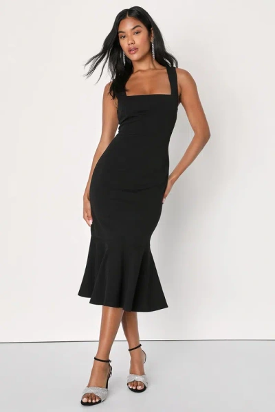 Lulus Moment Maker Black Square Neck Trumpet Midi Dress