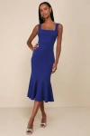 Lulus Moment Maker Cobalt Blue Square Neck Trumpet Midi Dress In Cobalt Blue