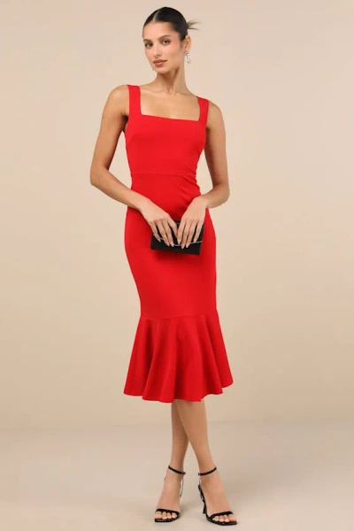 Lulus Moment Maker Red Square Neck Trumpet Midi Dress