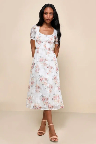 Lulus Moment Of Beauty White Floral Print Button-front Midi Dress