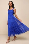 Lulus Moment Of Perfection Blue Mesh Swiss Dot Tiered Midi Dress In Blue