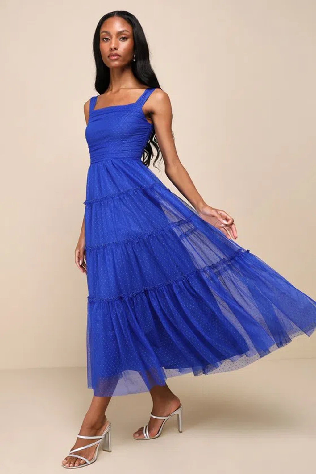 Lulus Moment Of Perfection Blue Mesh Swiss Dot Tiered Midi Dress | ModeSens