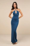 Lulus Momentous Glamour Dark Teal Cross-front Backless Maxi Dress In Teal