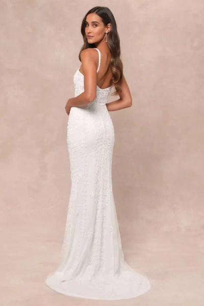 Lulus Momentous Love White Beaded Bustier Mesh Mermaid Maxi Dress