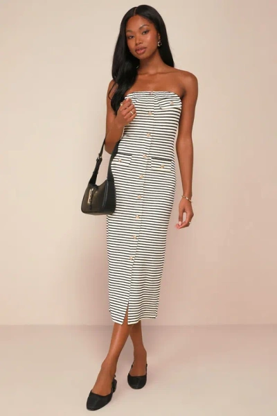 Lulus Momentous Poise Black And Ivory Striped Strapless Midi Dress