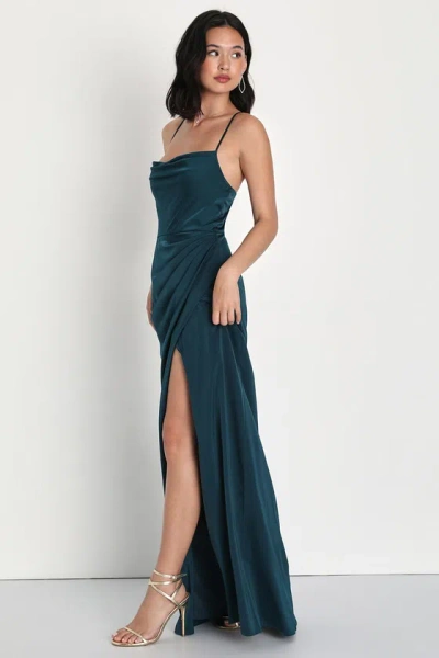 Lulus Moments Of Beauty Dark Teal Satin Cowl Neck Tulip Maxi Dress