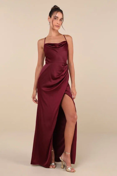 Lulus Moments Of Beauty Plum Purple Satin Cowl Neck Tulip Maxi Dress