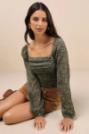 Lulus Mood Setter Green Floral Print Ruched Long Sleeve Top In Green