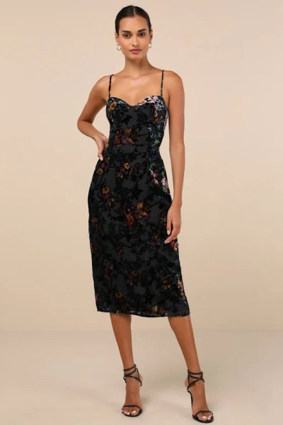 Lulus Moody Allure Black Floral Velvet Burnout Lace-up Midi Dress