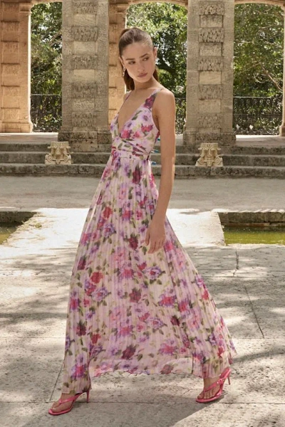 Lulus Morgana Lilac Multi Floral Satin Pleated Maxi Dress