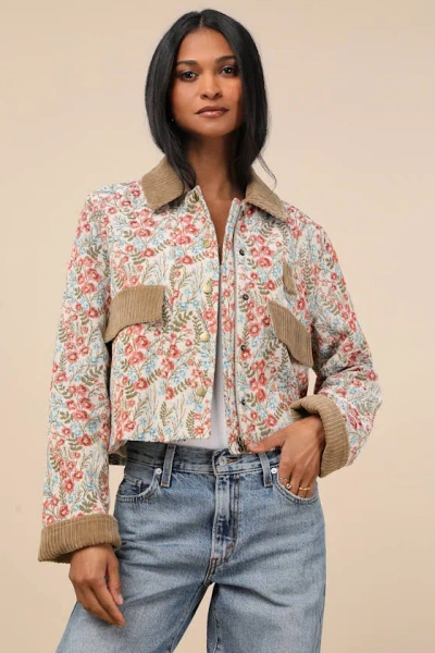 Lulus Morrina Beige Multi Floral Jacquard Barn Jacket
