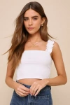 LULUS MUSING ABOUT YOU IVORY RIBBED RUFFLE STRAP CROPPED TANK TOP