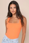 Lulus Musing About You Orange Ribbed Ruffle Strap Bodysuit In Orange