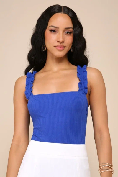 Lulus Musing About You Royal Blue Ribbed Ruffle Strap Bodysuit