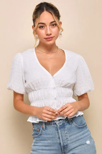 Lulus Must Be Adored White Button-up Textured Puff Sleeve Top