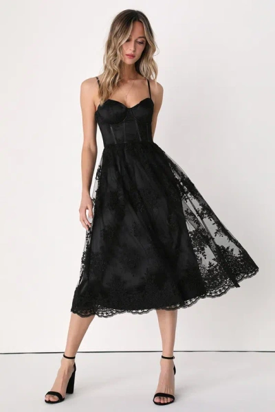 Lulus My Darling Daydreamer Black Lace Bustier Midi Dress