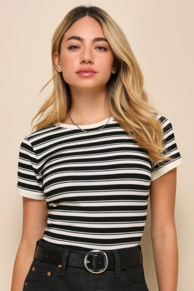 Lulus My Favorite Look Ivory And Black Striped Crew Neck Baby Tee