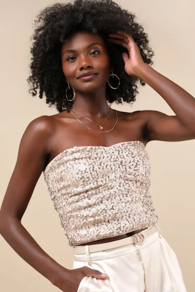 Lulus My Favorite Sparkle Rose Gold Sequin Ruched Strapless Crop Top