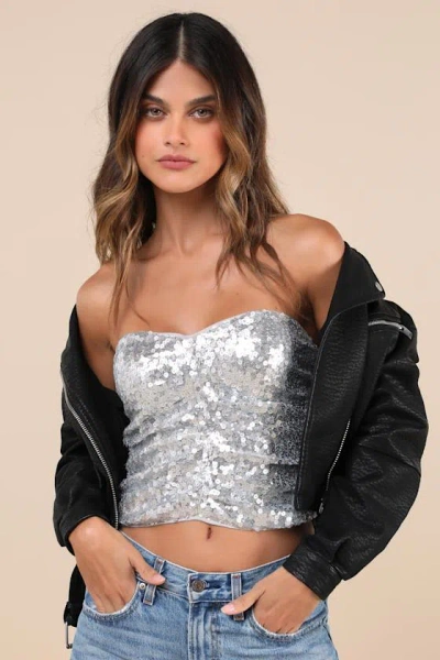 Lulus My Favorite Sparkle Silver Sequin Ruched Strapless Crop Top
