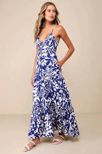 Lulus Mykonos Memories Blue And Ivory Abstract Midi Dress With Pockets