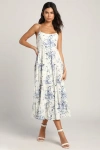 Lulus Mykonos Mood Ivory Floral Print Tie-strap Tiered Midi Dress In Ivory