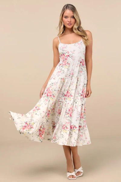 Lulus Mykonos Mood Pink And Ivory Floral Tie-strap Tiered Midi Dress
