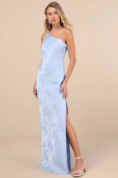Lulus Nadra Light Blue Satin Jacquard One-shoulder Maxi Dress