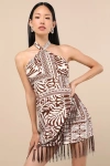 Lulus Nahia Brown Boho Print Fringe Faux-wrap Halter Mini Dress