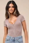 Lulus Najya Taupe Ribbed Knit Zip-front Short Sleeve Bodysuit In Taupe