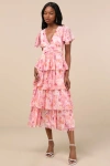 Lulus Nalia Pink Abstract Print Tiered Tie-back Midi Dress In Pink
