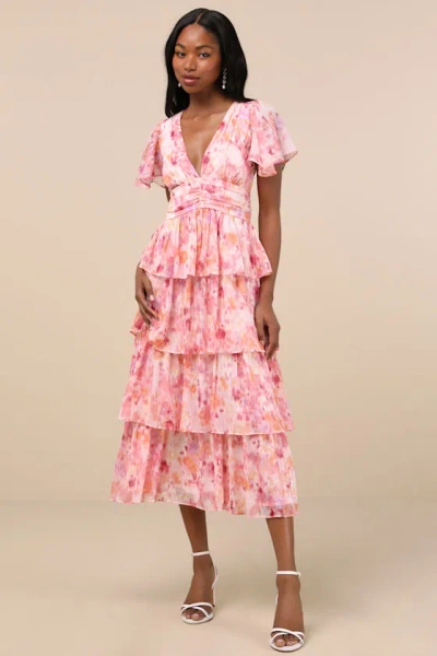 Lulus Nalia Pink Abstract Print Tiered Tie-back Midi Dress