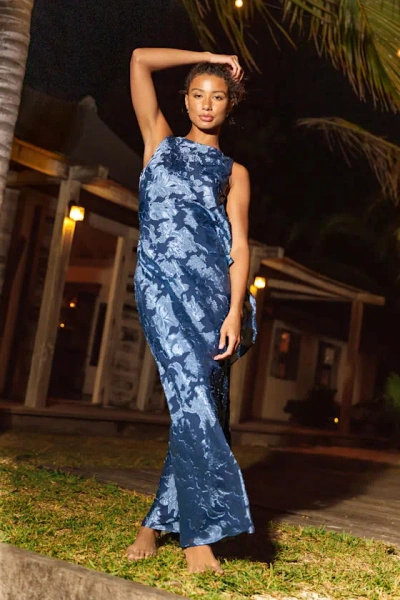 Lulus Narelle Navy Floral Burnout Ruffled Maxi Dress In Blue