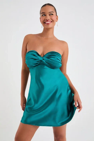 Lulus Narina Teal Green Satin Pleated Strapless Mini Dress