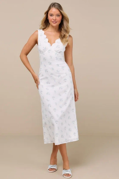 Lulus Natassa White Floral Swiss Dot Midi Dress