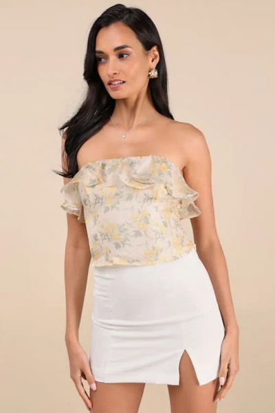 Lulus Natela Cream Floral Strapless Ruffled Top In Yellow