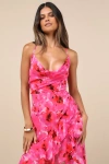 Lulus Navina Pink And Red Floral High-low Midi Dress In Pink