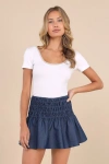 Lulus Nelesi Dark Wash Chambray Smocked Mini Skirt In Blue