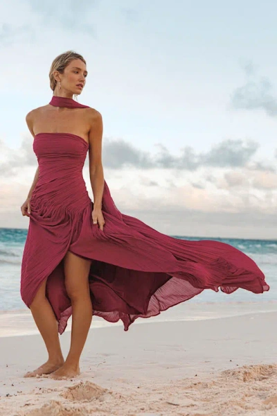 Lulus Nellie Berry Pink Pleated Maxi Dress And Scarf Set In Burgundy
