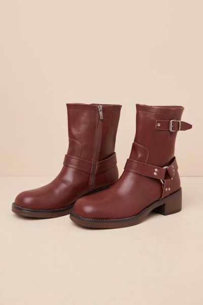 Lulus Nelsan Burgundy Distressed Moto Ankle Boots