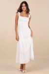 Lulus Nerissa White Eyelet Embroidered Ruffled Drop Waist Midi Dress In White