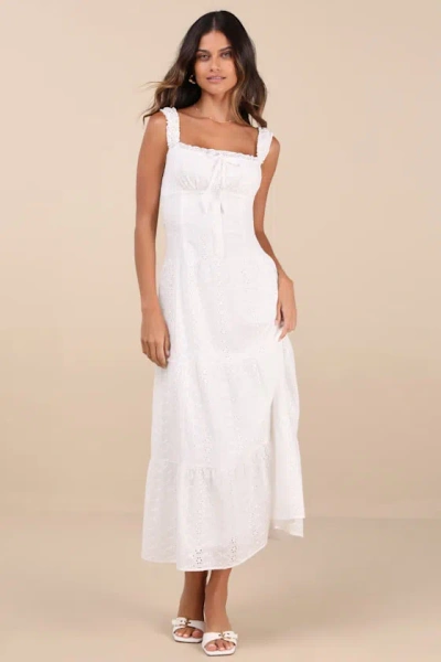 Lulus Nerissa White Eyelet Embroidered Ruffled Drop Waist Midi Dress