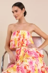 Shop Lulus Nessa Yellow And Pink Abstract Plisse Tiered Midi Dress