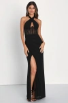 Lulus Never-ending Glamour Black Mesh Cross-front Halter Maxi Dress In Black