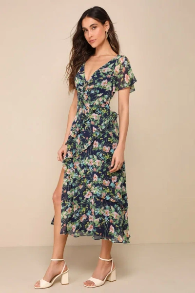 Lulus Next To You Navy Blue Floral Print Ruffled Backless Midi Dress