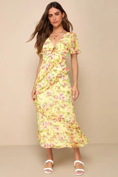 Lulus Next To You Yellow Floral Print Ruffled Backless Midi Dress
