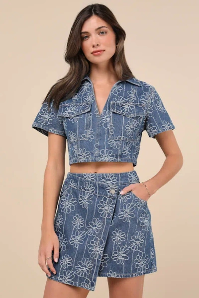 Lulus Nicest Aura Medium Wash Embroidered Denim Two-piece Dress In Blue