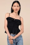 Lulus Nicolet Black Tie-front Peplum Cami Top In Animal Print